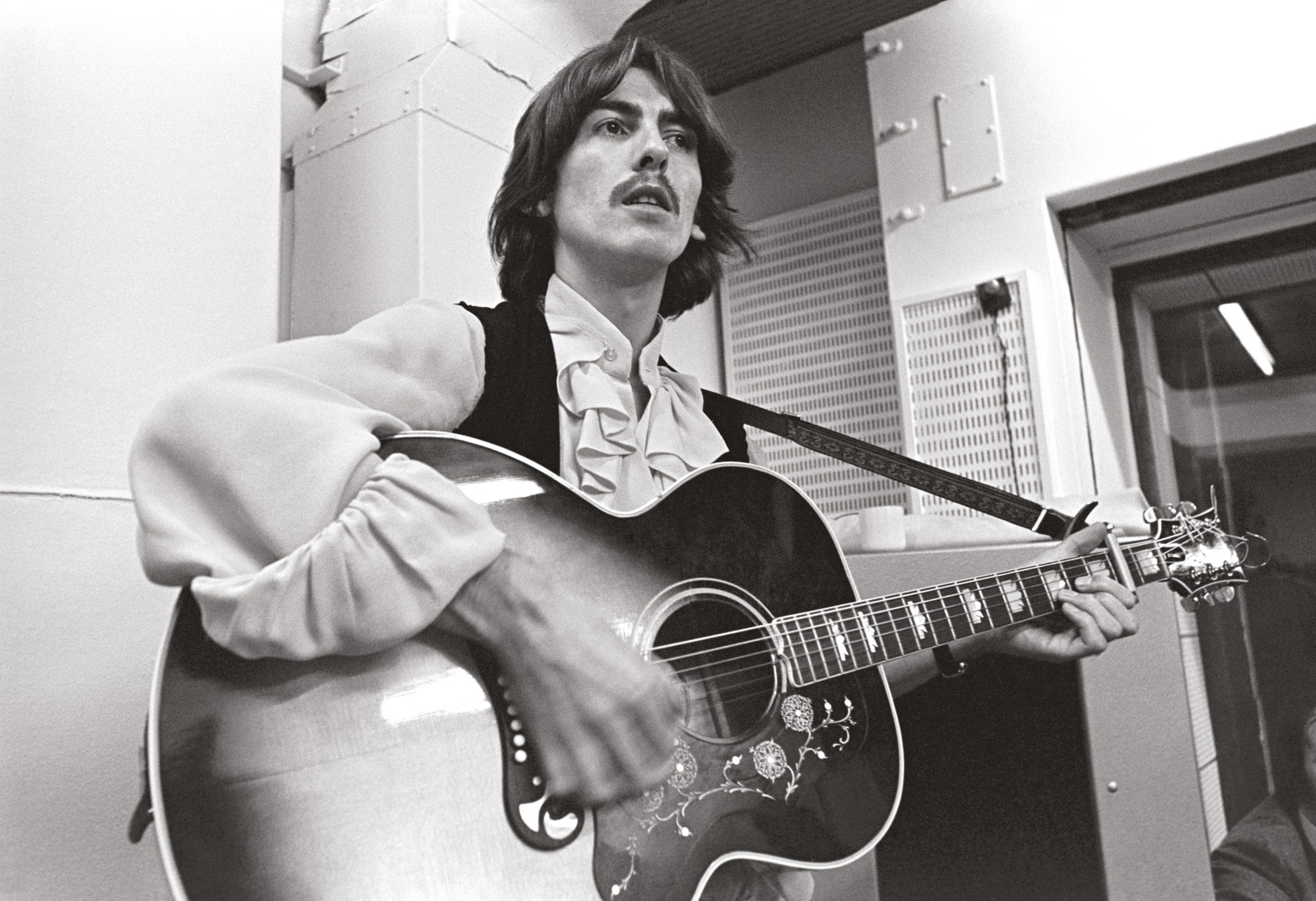 George Harrison at Abbey Road Studios, October 1968, during a ‘White Album’ recording session.