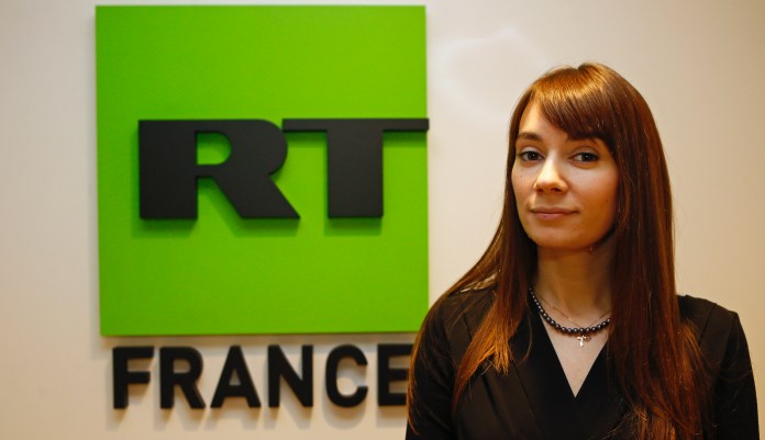 Xenia Fedorova, chief executive of RT France attends an interview with the Associated Press in Paris, Tuesday, Jan. 9, 2018.