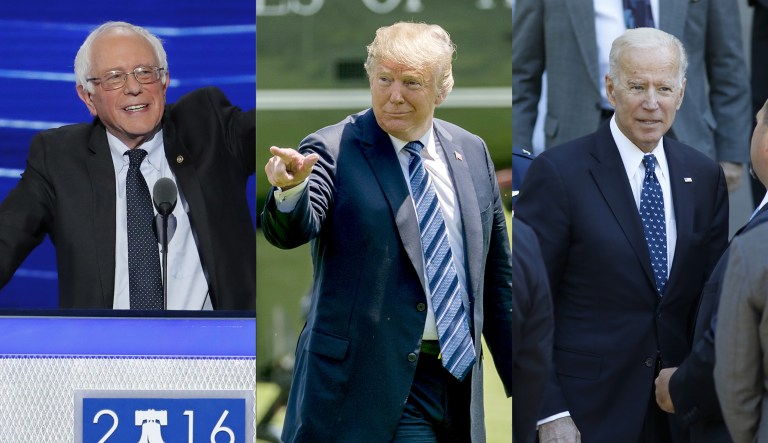From left to right: Sen. Bernie Sanders, President Trump, and former Vice President Joe Biden are shown.