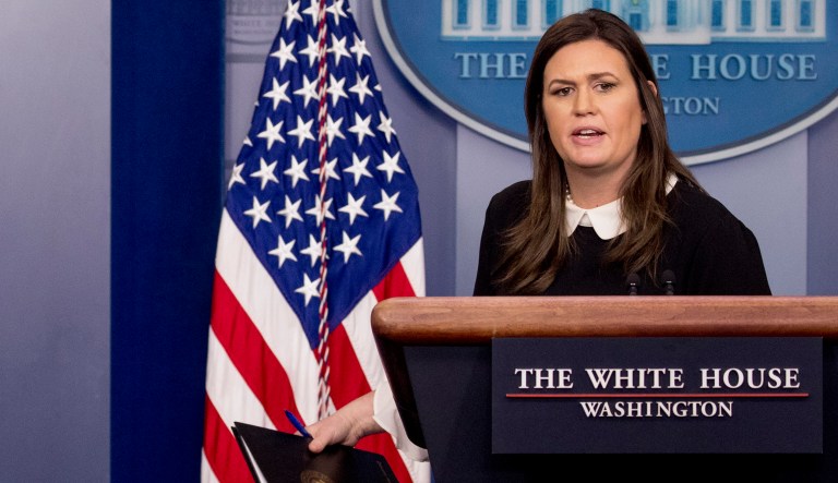 White House press secretary Sarah Huckabee Sanders ends the daily press briefing at the White House, Tuesday, Dec. 18, 2018, in Washington. Sanders discussed the delayed sentencing for former national security adviser Michael Flynn and other topics.