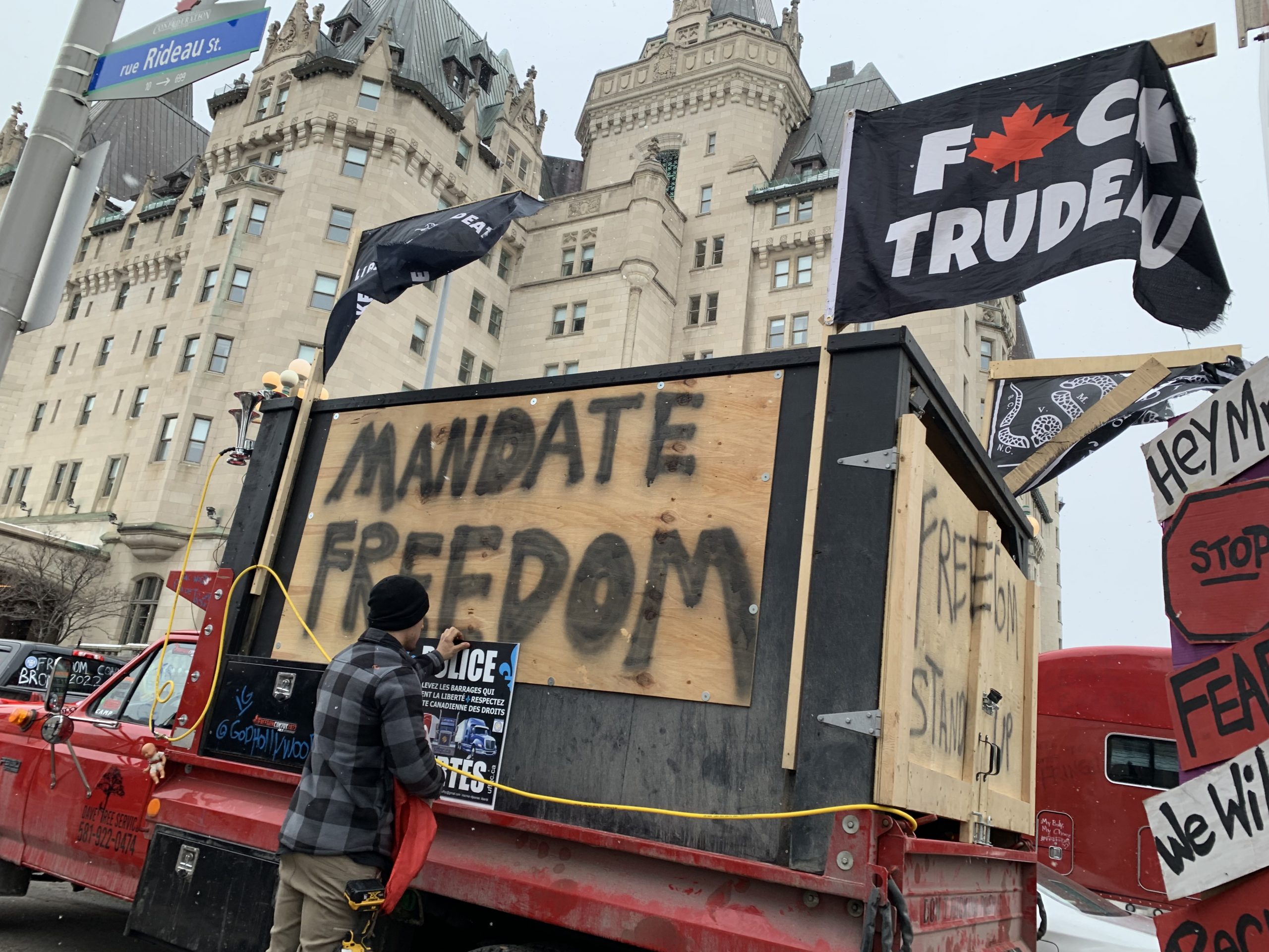 A truck is parked during the "Freedom Convoy" protest in downtown Ottawa, Ontario.