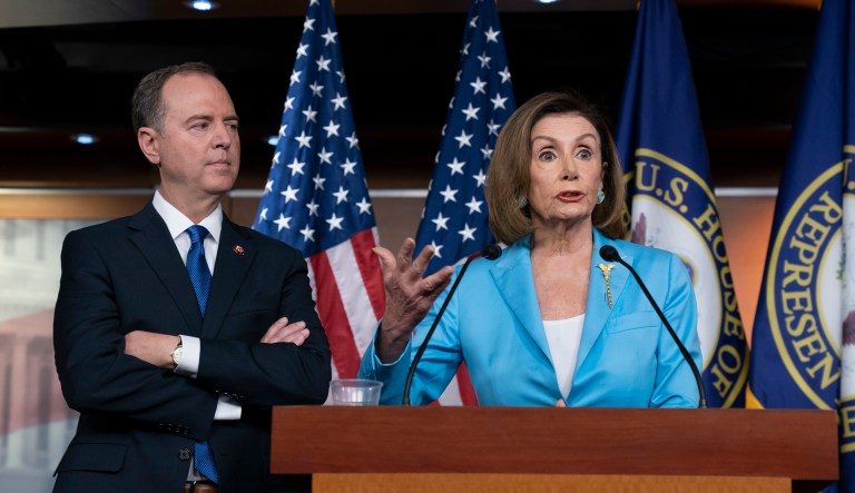 Speaker of the House Nancy Pelosi, D-Calif., is joined by House Intelligence Committee Chairman Adam Schiff, D-Calif., at a news conference as House Democrats move ahead in the impeachment inquiry of President Donald Trump, at the Capitol in Washington, Wednesday, Oct. 2, 2019.