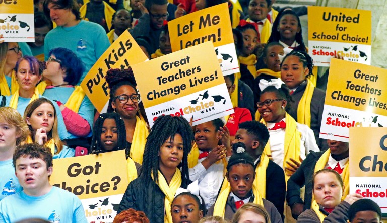 Proponents for a parents' right to choose their children's school gathered with other like minded families and students representing a number of public charter, religious and some home schooling institutions at the Capitol in Jackson, Miss., Tuesday, Jan. 24, 2017, to celebrate National School Choice Week. Those attending represented a number of public charter, religious and some home schooling institutions.