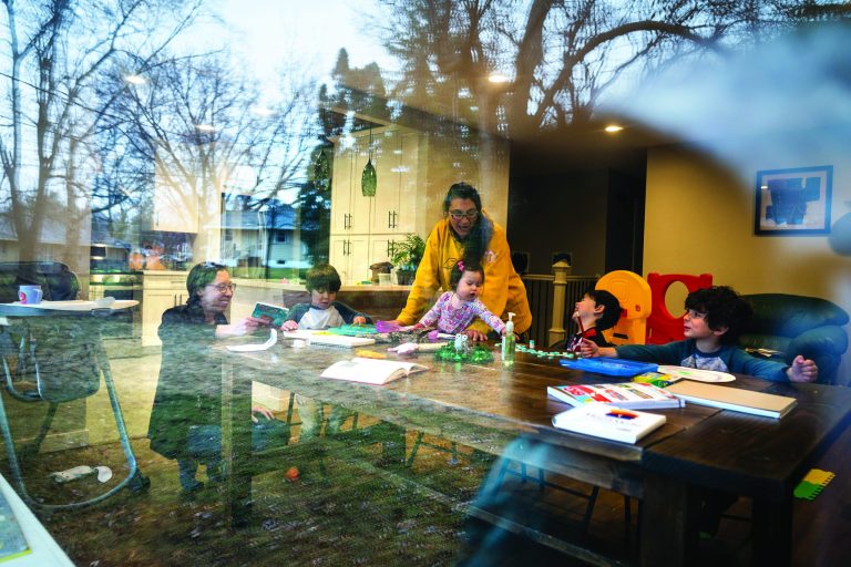 Andrea Royce, from left, homeschooled her children Rowan, 6, Lucy, 1, and Parker, 4, with the help of her friend, Carlota Bernal, in yellow, with her son Blaze Boxell, far right, 5. 