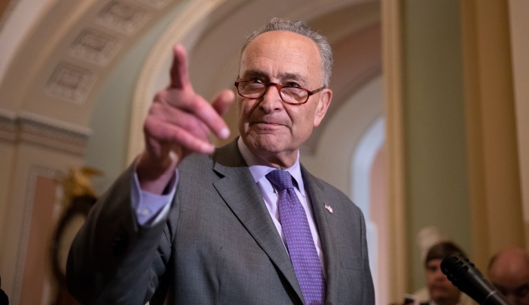 Senate Minority Leader Chuck Schumer, D-N.Y., speaks with reporters following the weekly Democratic policy meetings, at the Capitol in Washington, Tuesday, Aug. 21, 2018.