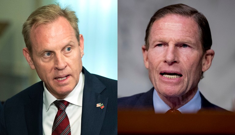 Sen. Richard Blumenthal (right) and Patrick Shanahan are shown.