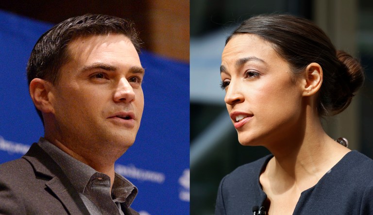 Ben Shapiro and Alexandria Ocasio-Cortez are pictured.