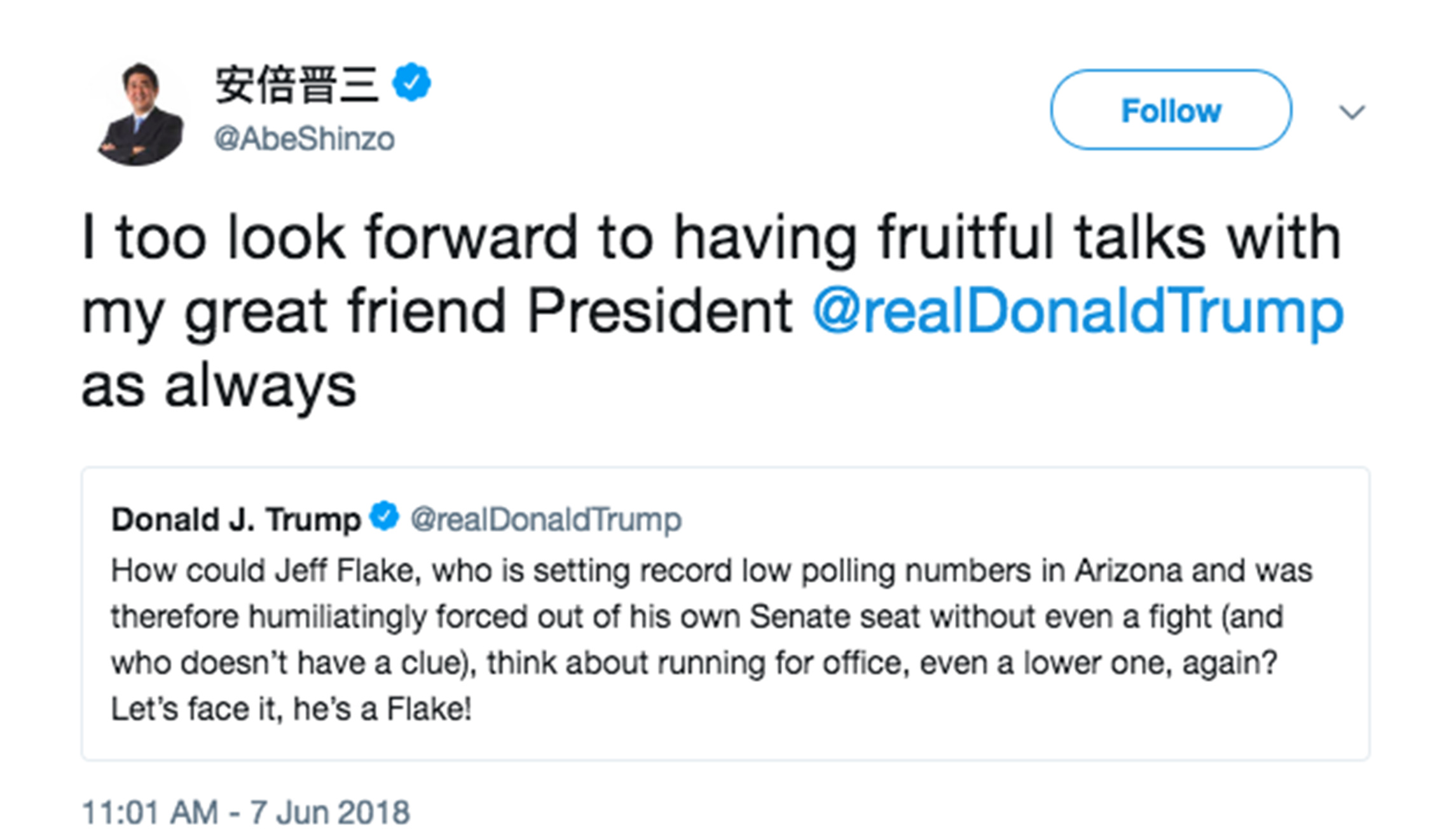 Shinzo Abe tweet to Trump 060718