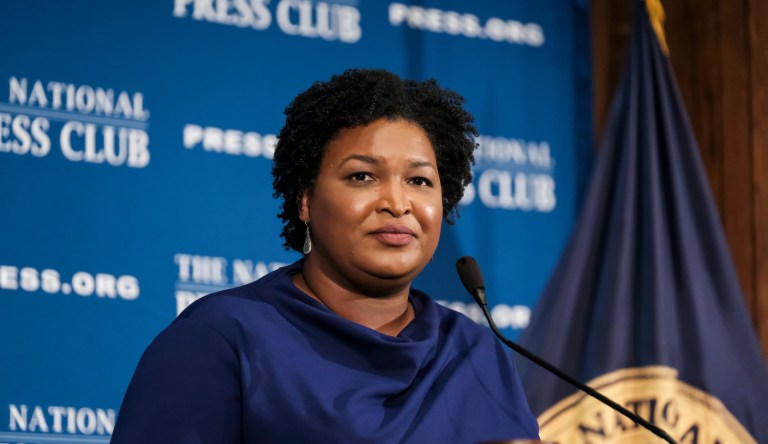 Stacey Abrams, a Georgia Democrat who has launched a multimillion-dollar effort to combat voter suppression, speaks at the University of New England, Wednesday, Jan. 22, 2020 in Portland, Maine.