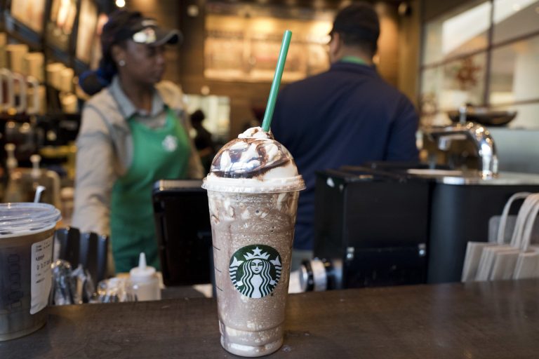 A Venti Mocha Frappuccino is displayed at a Starbucks, Wednesday, June 20, 2018, in New York. The 24 fluid ounces drink has 520 calories, according to Starbucks. Starbucks says sales for its frozen coffee drink are down, and is blaming concerns about sugar and calories. 