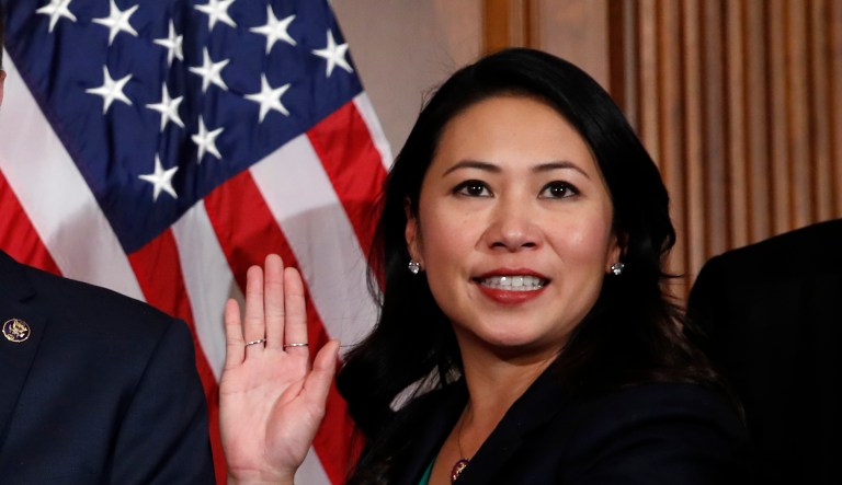 House Speaker Nancy Pelosi of Calif., left, poses during a ceremonial swearing-in with Rep. Stephanie Murphy, D-Fla., right, on Capitol Hill, Thursday, Jan. 3, 2019 in Washington during the opening session of the 116th Congress.