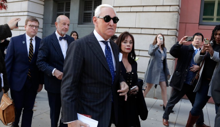 Roger Stone, center left, with his wife Nydia Stone leave federal court Washington, Friday, Nov. 15, 2019. Stone, longtime friend of President Donald Trump, has been found guilty at his trial in federal court in Washington.