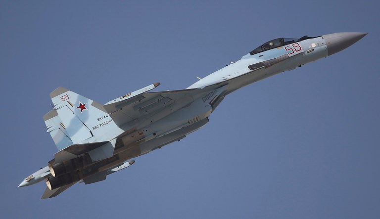 A Russian made Sukhoi SU-35 performs during the Dubai Air Show, United Arab Emirates, Monday, Nov. 13, 2017.