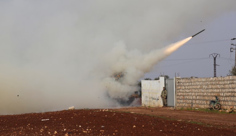 Turkish soldiers fire a missile at Syrian government position in the province of Idlib, Syria, Friday, Feb. 14, 2020. Turkey, backer of Syria's opposition, has been deploying equipment and troops in the region, which is home to more than 3 million people, in an attempt to halt the Syrian military's advances.