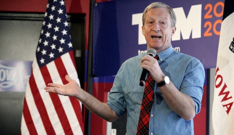 Democratic presidential candidate investor Tom Steyer speaks in a Democratic presidential primary debate, Wednesday, Nov. 20, 2019, in Atlanta.