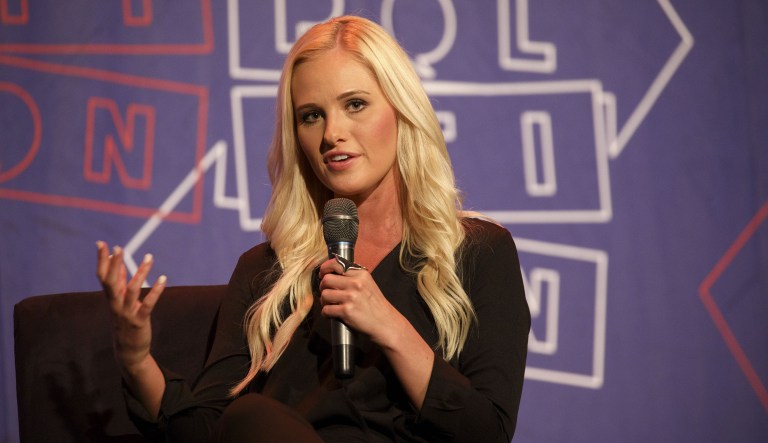Political commentator Tomi Lahren speaks during a panel discussion with comedian Chelsea Handler, not pictured, at the Politicon convention inside the Pasadena Convention Center in Pasadena, California, U.S., on Saturday, July 29, 2017. During the third annual Politicon pundits, politicians, comedians and entertainers gather to discuss issues that touch all sides of the political spectrum.