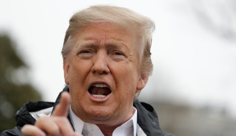 President Donald Trump talks with reporters outside the White House before traveling to Alabama to visit areas affected by the deadly tornadoes, Friday, March 8, 2019, in Washington.