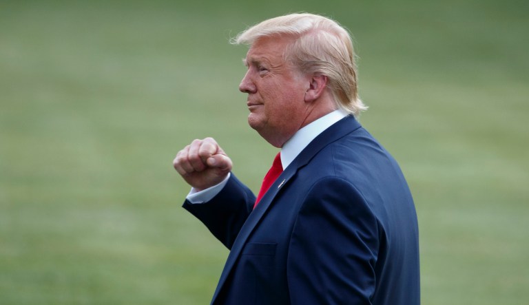 President Donald Trump gestures as he walks to Marine One at the White House in Washington, Thursday, Aug. 1, 2019, for the the short trip to Andrews Air Force Base, Md., and on to a campaign rally in Cincinnati.