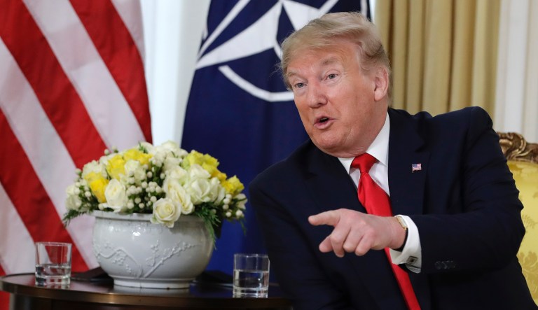 U.S. President Donald Trump speaks during his meeting with NATO Secretary General, Jens Stoltenberg at Winfield House in London, Tuesday, Dec. 3, 2019. US President Donald Trump will join other NATO heads of state at Buckingham Palace in London on Tuesday to mark the NATO Alliance's 70th birthday.
