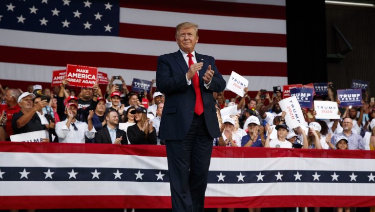 President Trump arrives to speak at a rally at Aaron Bessant Amphitheater, Wednesday, May 8, 2019, in Panama City Beach, Fla. 