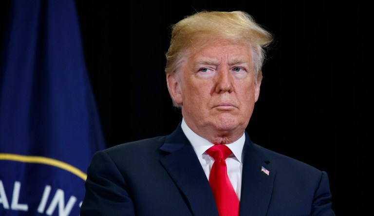 President Donald Trump listens during a swearing-in ceremony for incoming Central Intelligence Agency director Gina Haspel at CIA Headquarters, Monday, May 21, 2018, in Langley, Va.