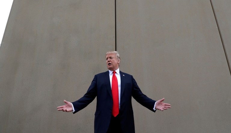 President Trump speaks during a tour as he reviews border wall prototypes, Tuesday, March 13, 2018, in San Diego.