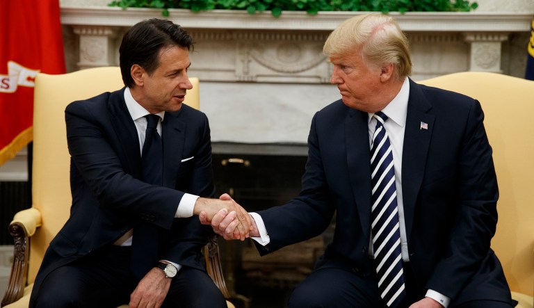 President Donald Trump meets with Italian Prime Minister Giuseppe Conte in the Oval Office of the White House, Monday, July 30, 2018, in Washington.