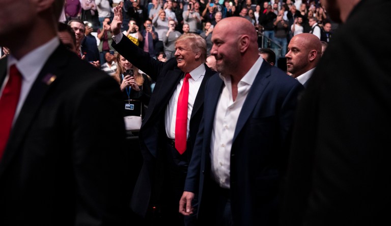 President Donald Trump and UFC president Dana White arrive at Madison Square Garden to attend the UFC 244 mixed martial arts fights, Saturday, Nov. 2, 2019, in New York.
