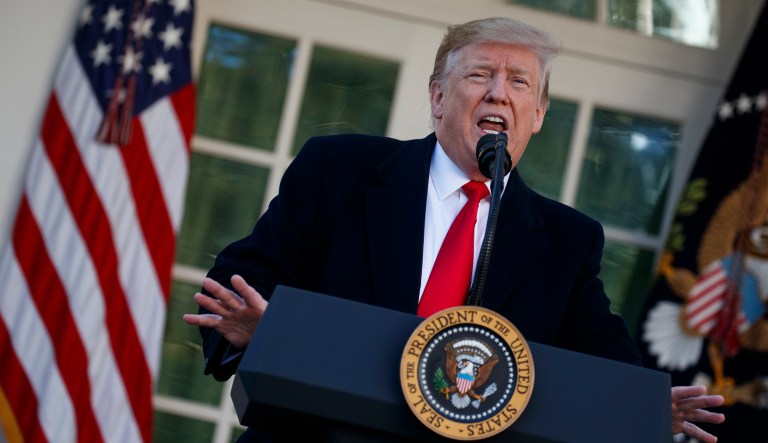 President Donald Trump announces a deal to temporarily reopen the government, in the Rose Garden of the White House, Friday, Jan. 25, 2019, in Washington.