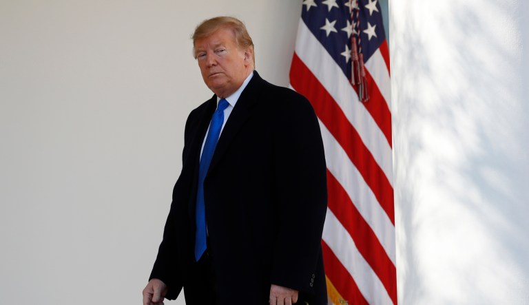 President Donald Trump walks away after speaking during an event in the Rose Garden at the White House to declare a national emergency in order to build a wall along the southern border, Friday, Feb. 15, 2019 in Washington.