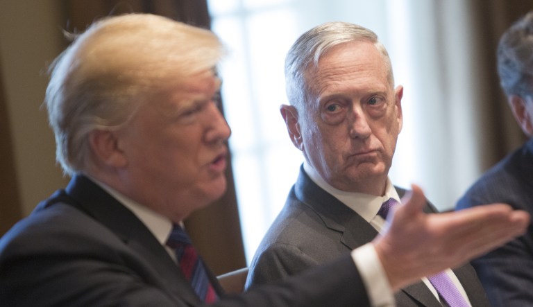 Jim Mattis, U.S. secretary of defense, center, listens as U.S. President Donald Trump, left, speaks during a meeting with Baltic leaders in the Cabinet Room of the White House in Washington, D.C., U.S., on Tuesday, April 3, 2018. Trump says the U.S. will expand exports of LNG to Baltic region and will hold a summit with the Baltic presidents of Lithuania, Latvia, and Estonia to discuss ways to expand economic opportunities.