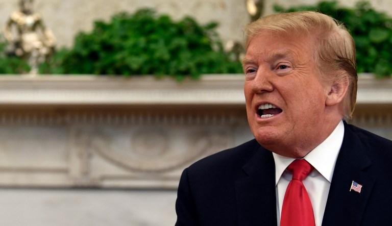 President Donald Trump speaks in the Oval Office during a meeting with Israeli Prime Minister Benjamin Netanyahu at the White House in Washington, Monday, March 25, 2019.