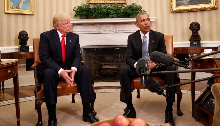 In this photo taken Nov. 10, 2016, President Barack Obama meets with President-elect Donald Trump in the Oval Office of the White House in Washington. White House officials say President Barack Obama is prepared to spend his final major foreign trip talking about Donald Trump. Obama leaves Monday, Nov. 14, 2016, for a six-day trip to Greece, Germany and Peru. In Greece, heâll tour the Parthenon, give a speech about globalization and meet with Prime Minister Alexis Tsipras.