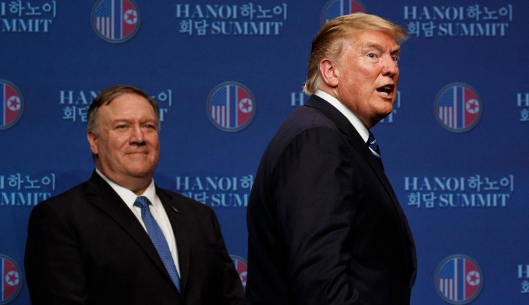 President Donald Trump, with Sec. of State Mike Pompeo, concludes a news conference after a summit with North Korean leader Kim Jong Un, Thursday, Feb. 28, 2019, in Hanoi.