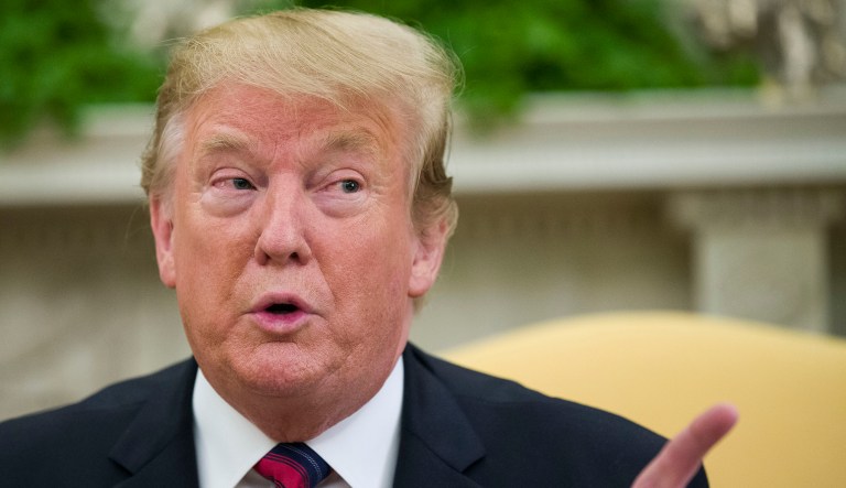President Donald Trump speaks during a meeting with Slovak Prime Minister Peter Pellegrini in the Oval Office of the White House, Friday, May 3, 2019, in Washington.
