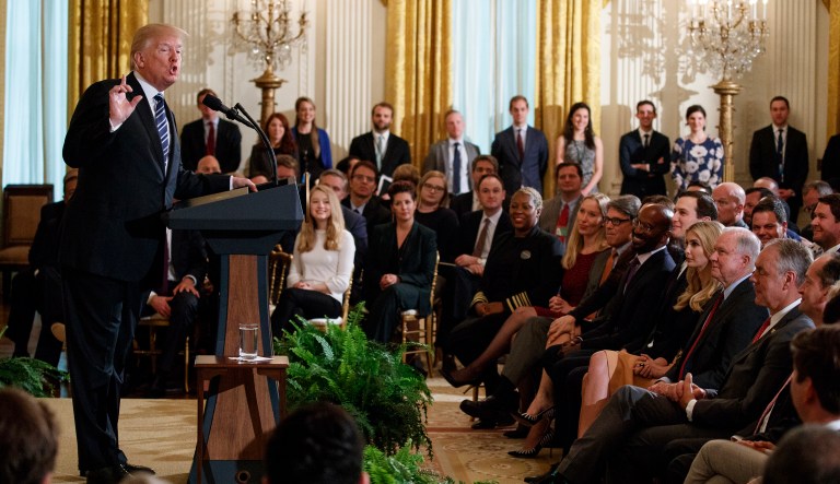 President Donald Trump speaks during an event on prison reform in the East Room of the White House, Friday, May 18, 2018, in Washington.