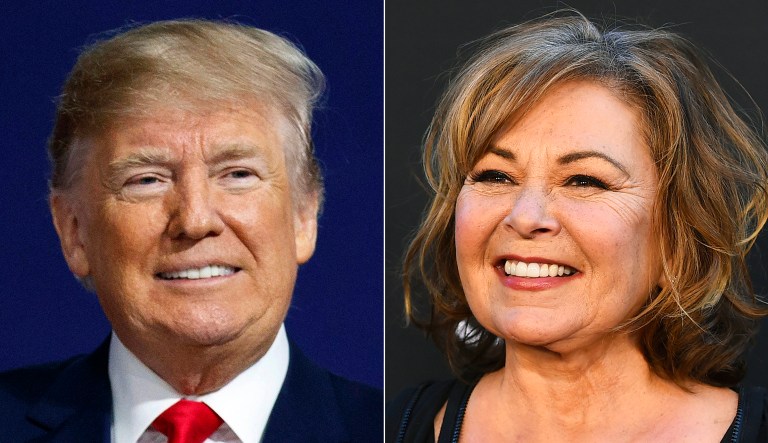 In this combination photo, U.S. President Donald Trump appears at a campaign rally in Moon Township, Pa., on March 10, 2018, left, and Roseanne Barr arrives at the Los Angeles premiere of "Roseanne" in Burbank, Calif. Trump reached out to Roseanne Barr to congratulate her after the debut of her ABC sitcom reboot drew 18.4 million viewers. Speaking by telephone Thursday on ABC's "Good Morning America," Barr said the call was "pretty exciting." She described the exchange as a "friendly conversation about working in television and ratings."