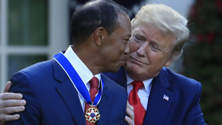 President Donald Trump awards the Presidential Medal of Freedom to Tiger Woods during a ceremony in the Rose Garden of the White House in Washington, Monday, May 6, 2019. 