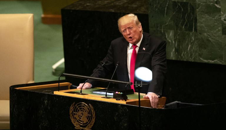 U.S. President Donald Trump speaks during the UN General Assembly meeting in New York, U.S., on Tuesday, Sept. 25, 2018. TrumpÂ will take aim at Iran over its nuclear program and ambitions in the Middle East in his second address to the United Nations General Assembly on Tuesday.
