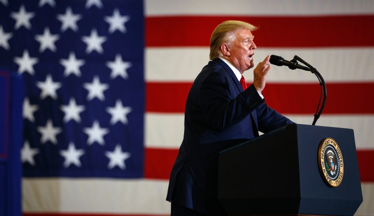 President Donald Trump speaks during a campaign rally at the Crown Expo, Monday, Sept. 9, 2019, in Fayetteville, N.C. 