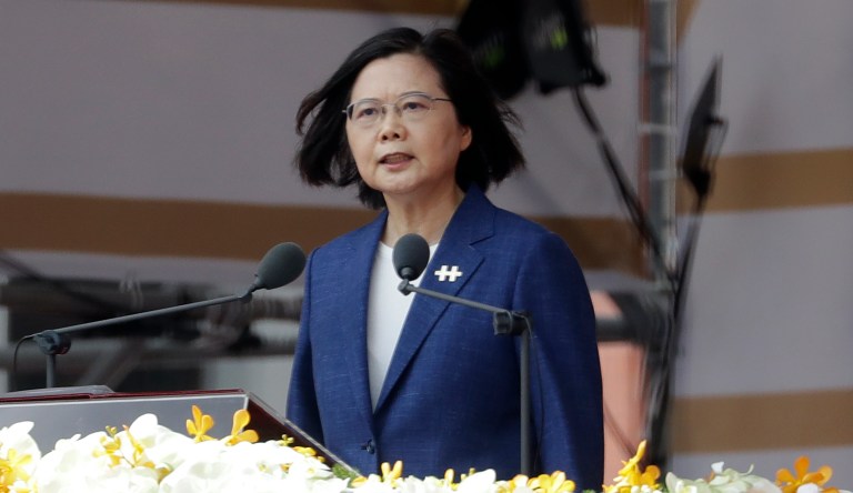 Taiwanese President Tsai Ing-wen delivers a speech during National Day celebrations in front of the Presidential Building in Taipei, Taiwan, Sunday, Oct. 10, 2021. More recently, two U.S. defense companies were sanctioned by the Chinese government due to their participation in arms sales with Taiwan.
