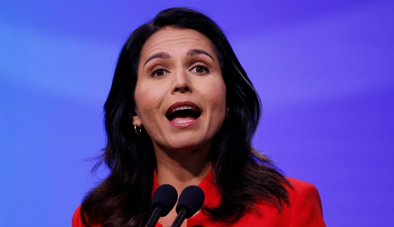 Democratic presidential candidate U.S. Rep. Tulsi Gabbard, D-Hawaii, speaks during the New Hampshire state Democratic Party convention, Saturday, Sept. 7, 2019, in Manchester, NH.