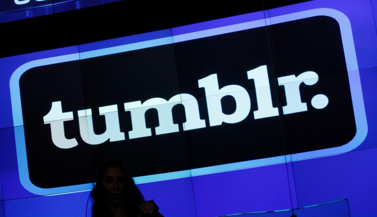 In this Thursday, July 11, 2013 photo, the Tumblr logo is displayed at Nasdaq, in New York. Yahoo has paid $1.1 billion to buy the blogging site Tumblr in one of this year's most buzzed-about deals. Now, Tumblr is flaunting its hipster credentials with a first-ever breakdown of the year's hottest trends, topics and celebrities. The retrospective starts Tuesday, Dec. 3, 2013, with an exploration of 20 categories ranging from the most popular musical groups to the most interesting architecture of 2013.