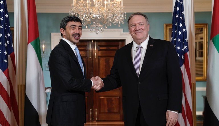 Foreign Minister Abdullah bin Zayed bin Sultan Al Nahyan of the United Arab Emirates, left, is welcomed by Secretary of State Mike Pompeo for a meeting at the State Department in Washington, Friday, Nov. 22, 2019.