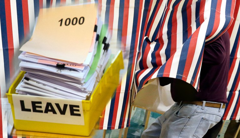 A box of "Leave" votes are seen on the left; a voter in the US is seen on the right.