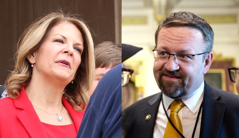 Arizona Senate candidate Kelli Ward (left) and Sebastian Gorka are pictured.