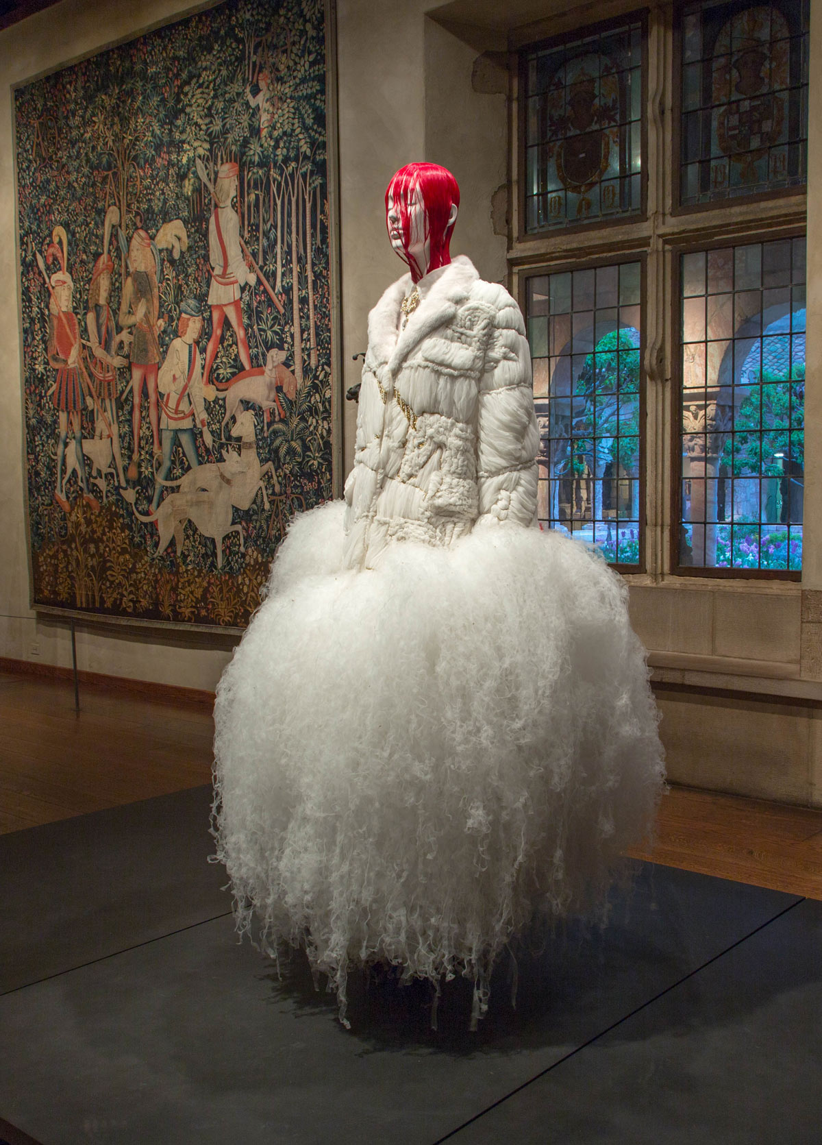 A wedding dress designed by Thom Browne this year, with wig by Shay Ashual.
