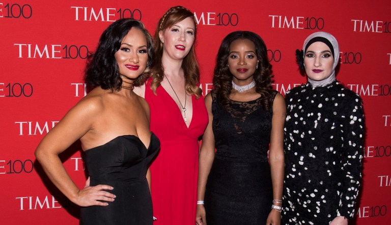 Carmen Perez, left, Bob Bland, Tamika D. Mallory and Linda Sarsour attend the TIME 100 Gala, celebrating the 100 most influential people in the world, at Frederick P. Rose Hall, Jazz at Lincoln Center on Tuesday, April 25, 2017, in New York.