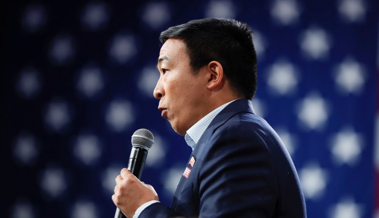 Democratic presidential candidate entrepreneur Andrew Yang speaks at the Presidential Gun Sense Forum, Saturday, Aug. 10, 2019, in Des Moines, Iowa. 