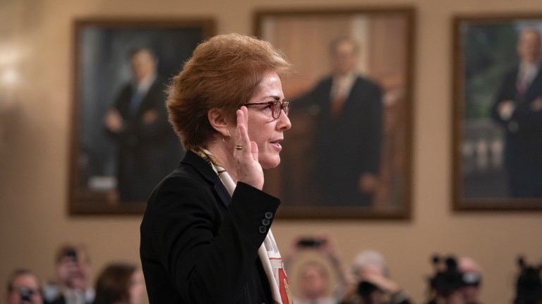 Former U.S. Ambassador to Ukraine Marie Yovanovitch is sworn in to testify before the House Intelligence Committee, Friday, Nov. 15, 2019, on Capitol Hill in Washington, in the second public impeachment hearing on President Donald Trumpâs efforts to tie U.S. aid for Ukraine to investigations of his political opponents.